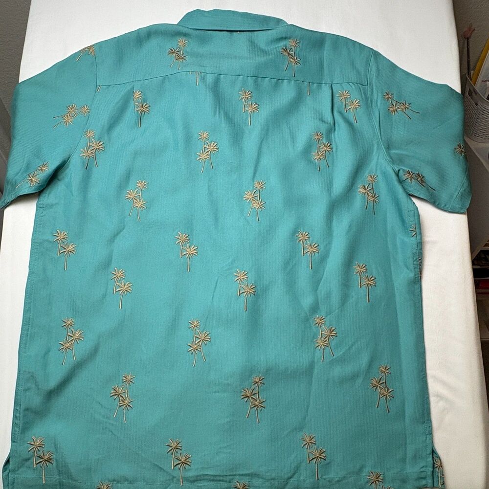 Caribbean Men's XL Teal Green Embroidered Palm Tree Hawaiian Camp Shirt